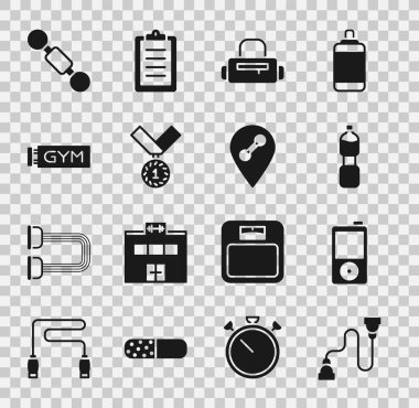 Set Chest expander, Music player, Bottle of water, Sport bag, Medal, Location gym, Dumbbell and icon. Vector