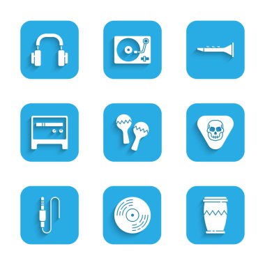 Set Maracas, Vinyl disk, Drum, Guitar pick, Audio jack, amplifier, Clarinet and Headphones icon. Vector