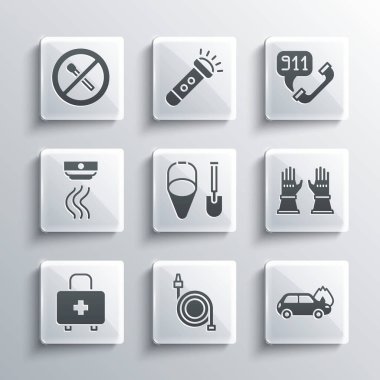 Set Fire hose reel, Burning car, Firefighter gloves, shovel and bucket, First aid kit, Smoke alarm system, No fire match and Telephone call 911 icon. Vector