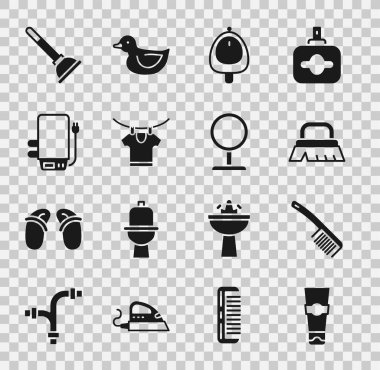 Set Tube of toothpaste, Hairbrush, Brush for cleaning, Toilet urinal pissoir, Drying clothes, Electric boiler, Rubber plunger and Round makeup mirror icon. Vector