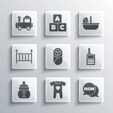 Set Baby clothes, Speech bubble mom, Monitor Walkie Talkie, Newborn baby infant swaddled, bottle, crib cradle, Toy train and stroller icon. Vector