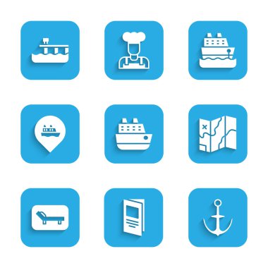 Set Cruise ship, Brochure, Anchor, Folded map, Sunbed and umbrella, Location with cruise, and Beach pier dock icon. Vector