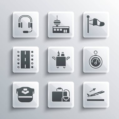 Set Suitcase, Plane takeoff, Barometer, Trolley for food, Pilot hat, Airport runway, Headphones with microphone and Cone meteorology windsock icon. Vector