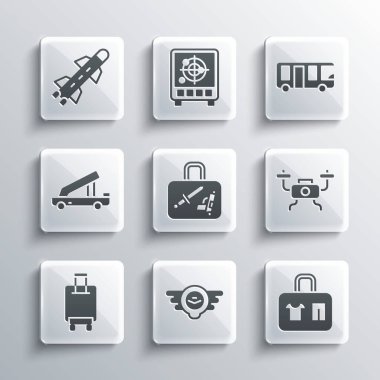 Set Aviation emblem, Suitcase, Drone flying, Passenger ladder, Rocket and Airport bus icon. Vector