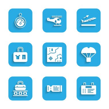 Set World travel map, Airline ticket, Airport board, Box flying on parachute, Conveyor belt with suitcase, Suitcase, Plane takeoff and Barometer icon. Vector