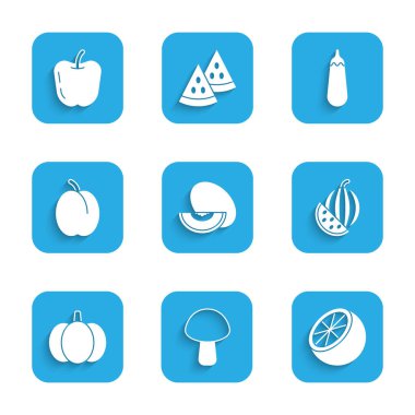 Set Melon fruit, Mushroom, Orange, Watermelon, Pumpkin, Plum, Eggplant and Apple icon. Vector