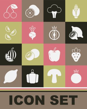 Set Tomato, Strawberry, Lemon, Broccoli, Beet, Cherry and icon. Vector