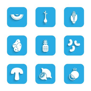 Set Pineapple, Lemon, Tomato, Beans, Mushroom, Potato, Corn and Melon fruit icon. Vector