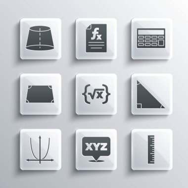 Set XYZ Coordinate system, Ruler, Triangle math, Square root of x glyph, Graph, schedule, chart, diagram, Acute trapezoid shape, Geometric figure and Calculator icon. Vector