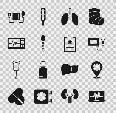 Set Laptop with cardiogram, Location cross hospital, Ultrasound, Lungs, Sperm, Monitor, Blood pressure and Clinical record icon. Vector