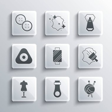 Set Zipper, Yarn ball with knitting needles, Leather, Sewing thread on spool, Mannequin, chalk, button and icon. Vector