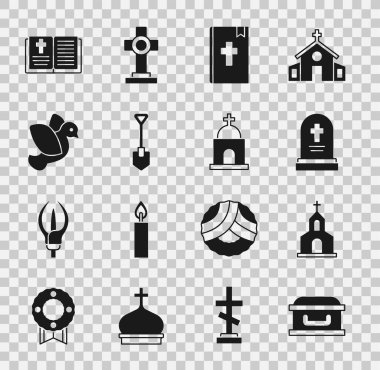 Set Coffin with cross, Church building, Grave tombstone, Holy bible book, Shovel, Dove, and Old crypt icon. Vector