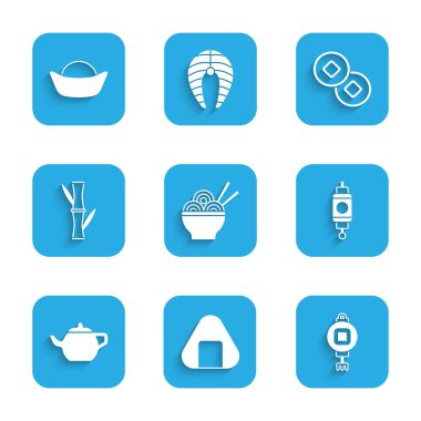 Set Asian noodles in bowl, Sushi, Chinese paper lantern, tea ceremony, Bamboo, Yuan currency and icon. Vector