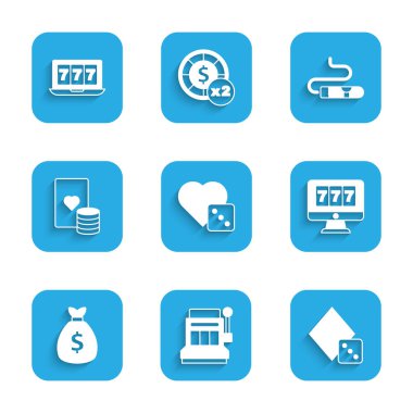 Set Game dice, Slot machine, Online slot with jackpot, Money bag, Casino chip and playing cards, Cigar and icon. Vector