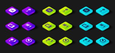 Set Softbox light, Camera timer, Graphic tablet, Battery for camera, and Auto flash icon. Vector