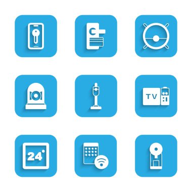 Set Vacuum cleaner, Air humidifier, Smart coffee machine, Multimedia and TV box receiver, Thermostat, Ringing alarm bell, Robot vacuum and key icon. Vector