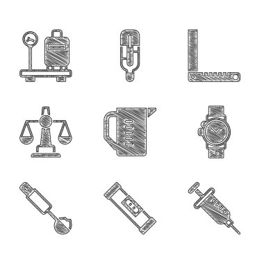 Set Measuring cup, Construction bubble level, Syringe, Wrist watch, spoon, Scales of justice, Corner ruler and with suitcase icon. Vector