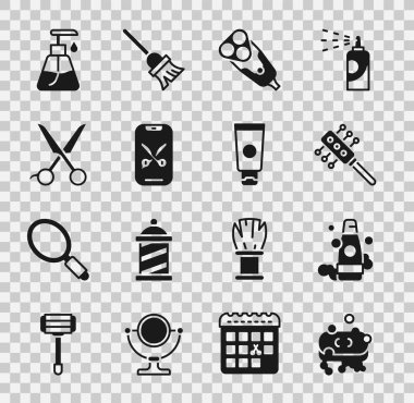 Set Bar of soap with foam, Bottle shampoo, Hairbrush, Electric razor blade, Barber online service platform, Scissors hairdresser, Cream cosmetic tube and icon. Vector