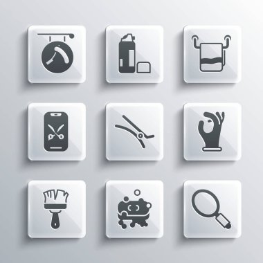 Set Bar of soap with foam, Hand mirror, Medical rubber gloves, Hair clip, Shaving brush, Barber online service platform, Barbershop razor and Towel hanger icon. Vector