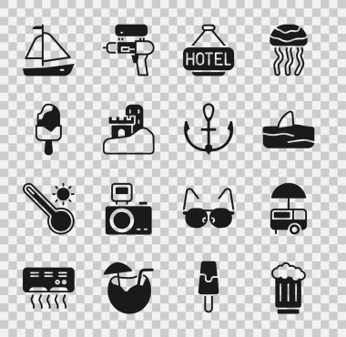 Set Wooden beer mug, Fast street food cart, Shark fin in ocean wave, Signboard with text Hotel, Sand castle, Ice cream, Yacht sailboat and Anchor icon. Vector