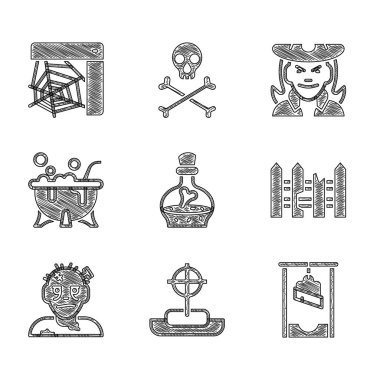 Set Bottle with potion, Tombstone cross, Guillotine, Garden fence wooden, Zombie mask, Halloween witch cauldron, Witch and Spider web icon. Vector