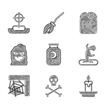 Set Eye in a jar, Skull on crossbones, Burning candle, Zombie hand, Spider web, Funny scary ghost mask, Tombstone with RIP written and icon. Vector