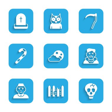 Set Moon and stars, Garden fence wooden, Skull, Vampire, Priest, Christmas candy cane, Scythe and Tombstone with RIP written icon. Vector