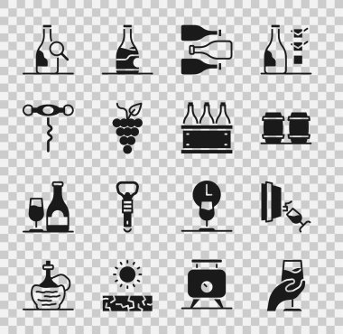 Set Wine tasting, degustation, Wooden barrel for wine, Bottles of, Bunch grapes, corkscrew, and box icon. Vector
