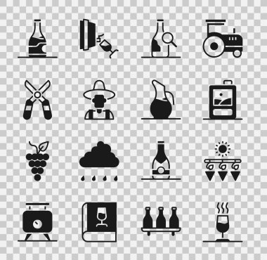 Set Wine tasting, degustation, Drying grapes, Cardboard box of wine, Bottle, Farmer the hat, Gardening scissors, and Decanter for icon. Vector