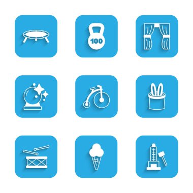 Set Vintage bicycle, Ice cream waffle cone, Striker attraction with hammer, Magician hat and rabbit ears, Drum drum sticks, ball, Circus curtain raises and Jumping trampoline icon. Vector