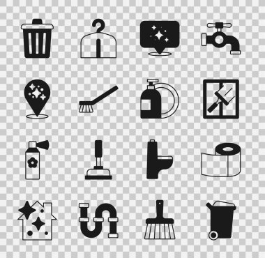 Set Trash can, Toilet paper roll, Rubber cleaner for windows, Home cleaning service, Brush, and Dishwashing liquid bottle icon. Vector