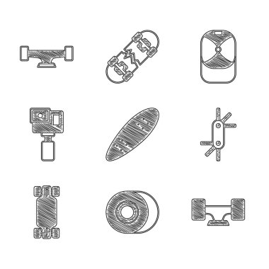 Set Longboard or skateboard, Skateboard wheel, Tool allen keys, Action camera, Baseball cap and icon. Vector