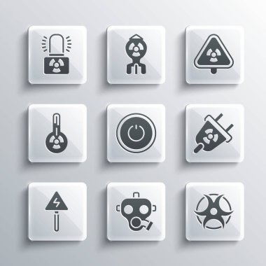 Set Gas mask, Biohazard symbol, Radiation electrical plug, Power button, High voltage sign, Meteorology thermometer, Radioactive warning lamp and Triangle with radiation icon. Vector