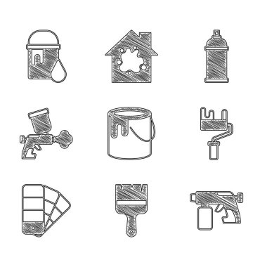 Set Paint bucket, brush, spray gun, roller, Color palette guide, can and icon. Vector