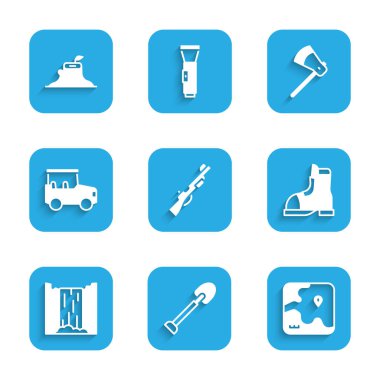Set Hunting gun, Shovel, Africa safari map, Hunter boots, Waterfall, Safari car, Wooden axe and Tree stump icon. Vector