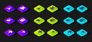 Set Mushroom, African tree, Lemon, Hiking backpack, Hippo or Hippopotamus and Volcano eruption icon. Vector