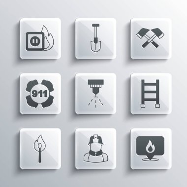Set Firefighter, Location with fire flame, escape, sprinkler system, Burning match, Emergency call 911, Electric wiring of socket and axe icon. Vector