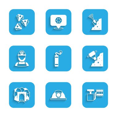 Set Dynamite, Miner helmet, Handle detonator, Construction jackhammer, entrance, Shovel stone and Gem icon. Vector