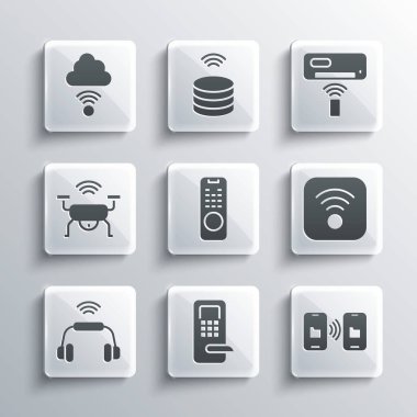 Set Digital door lock, Data transfer and storage, Wi-Fi wireless internet, Remote control, Smart headphones system, drone, Network cloud connection and Air conditioner icon. Vector