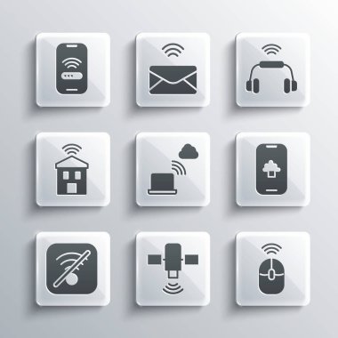 Set Satellite, Wireless computer mouse, Cloud technology data, Network cloud connection, No Wi-Fi wireless internet, Smart home with wi-fi, Mobile and headphones system icon. Vector