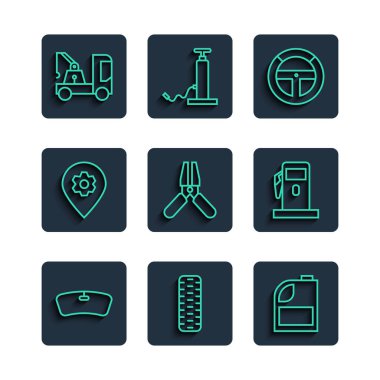 Set line Windshield, Car tire wheel, Canister for motor machine oil, Steering, battery jumper power cable, Location with car service, Tow truck and Petrol Gas station icon. Vector