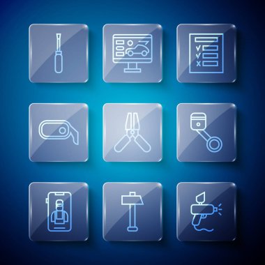 Online araba servisleri, Hammer, boya spreyi, araba denetimi, pilli güç kablosu, dikiz aynası, tornavida ve motor pistonu ikonu. Vektör
