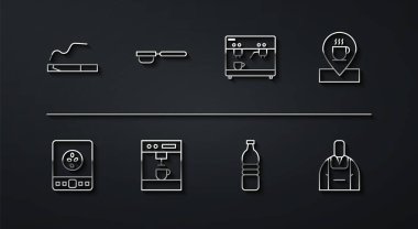 Set line Cigarette, Electronic coffee scales, Location with cup, Bottle water, Coffee machine, filter holder, Barista and icon. Vector