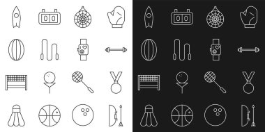 Set line Bow and arrow in quiver, Medal, Barbell, Classic dart board, Jump rope, Rugby ball, Surfboard and Smart watch showing heart beat rate icon. Vector