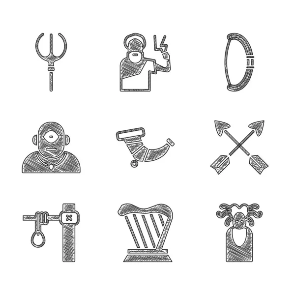 Set Hunting horn, Harp, Medusa Gorgon, Crossed arrows, Gallows, Cyclops, Medieval bow and Neptune Trident icon. Vector — стоковий вектор