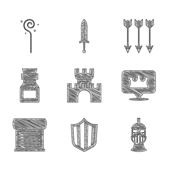 Комплект замка, крепости, поля, средневекового железного шлема, короны короля-лоциона, указа, пергамента, свитка, бутылки с ядом, стрелы и иконы волшебного жезла. Вектор — стоковый вектор