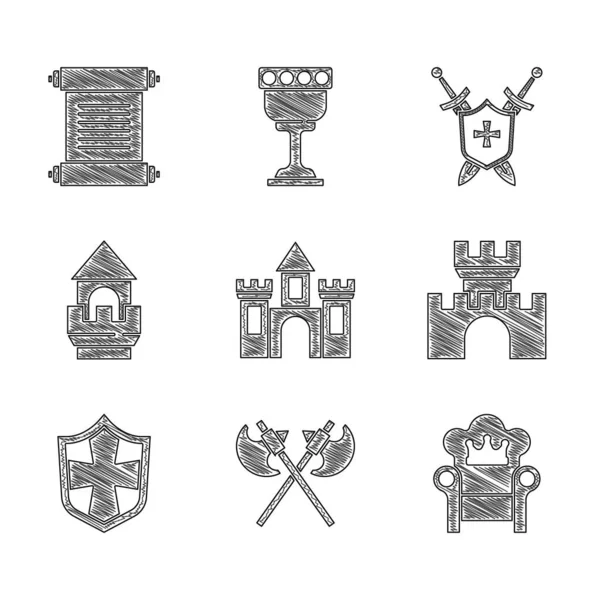 Set Castle, fortress, Crossed medieval axes, Medieval throne, Shield, tower, shield with swords and Decree, parchment, scroll icon. Vector — Vetor de Stock