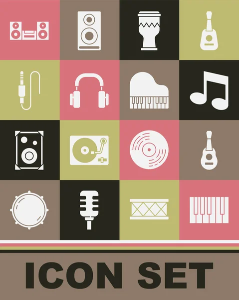 Set Grand piano, Guitar, Music note, tone, Drum, Headphones, Audio jack, Home stereo and icon. Vector — Image vectorielle