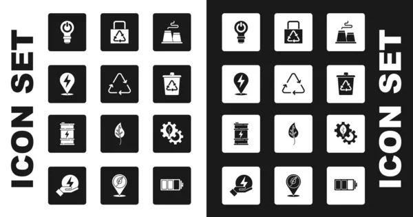 Set Factory, Recycle symbol, Lightning bolt, bulb with lightning, bin recycle, Paper bag, Leaf plant gear machine and Bio fuel barrel icon. Vector — Image vectorielle