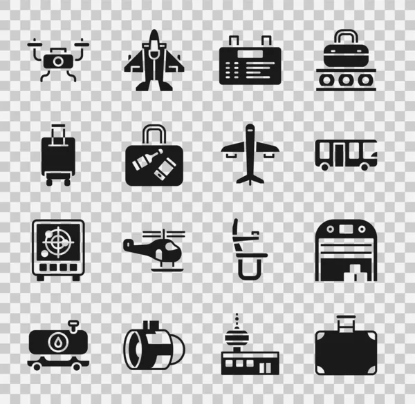 Bavul, uçak hangarı, havaalanı otobüsü, pano, insansız hava aracı ve uçak ikonu. Vektör — Stok Vektör